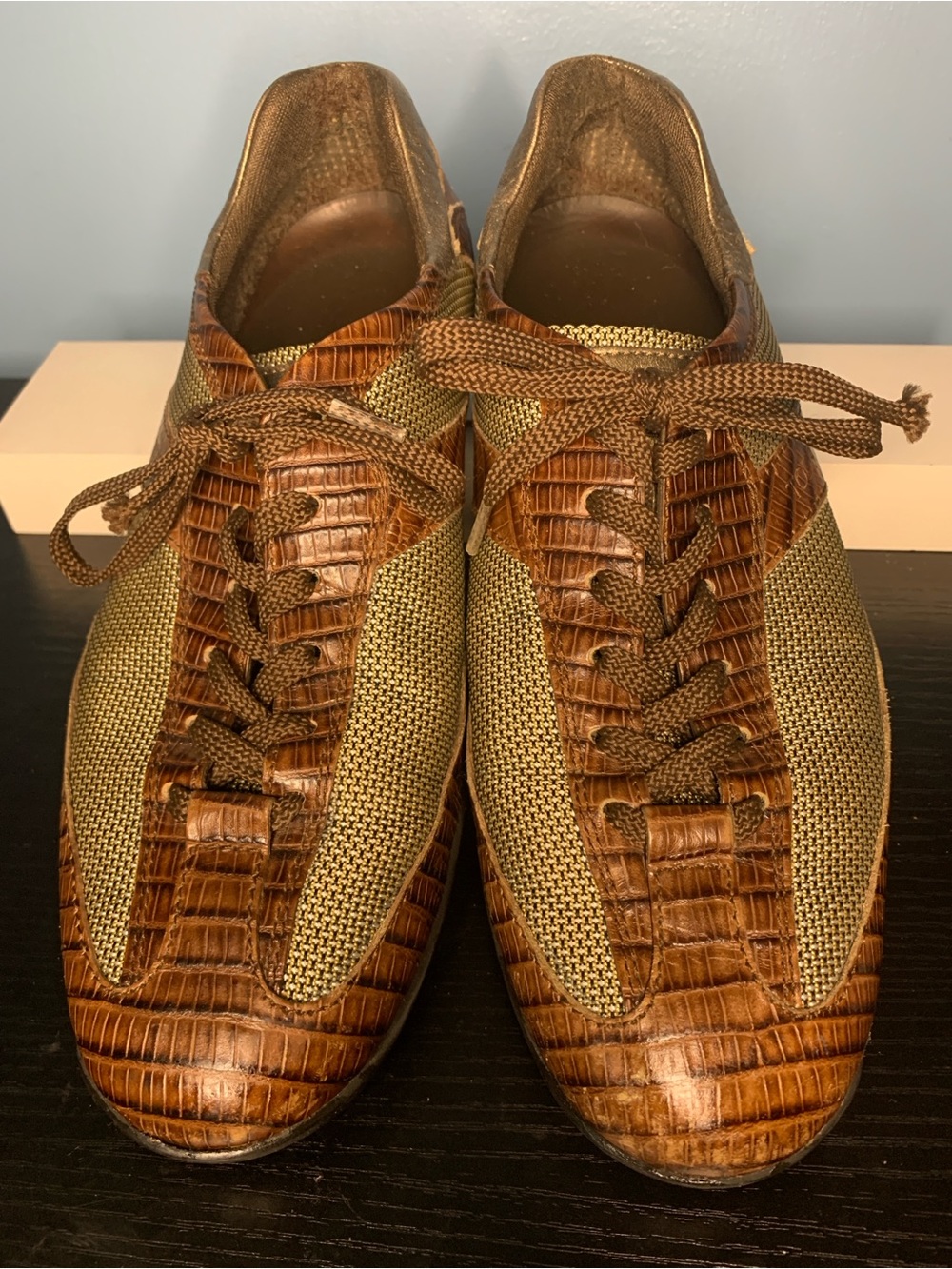 Tod's Brown Lace-up Oxfords Croc-Textured & Olive Mesh